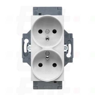 Gniazdo z uziemieniem 2P+E 16A, podwójne, z przesłonami styków, zaciski śrubowe, biały, Dahlia, do ramki z dużym wycięciem