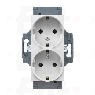 Gniazdo Schuko 2P+E 16A podwójne, z przesłoną styków, z uziemieniem, zaciski śrubowe, biały, Dahlia, do ramki z duzym wycięciem